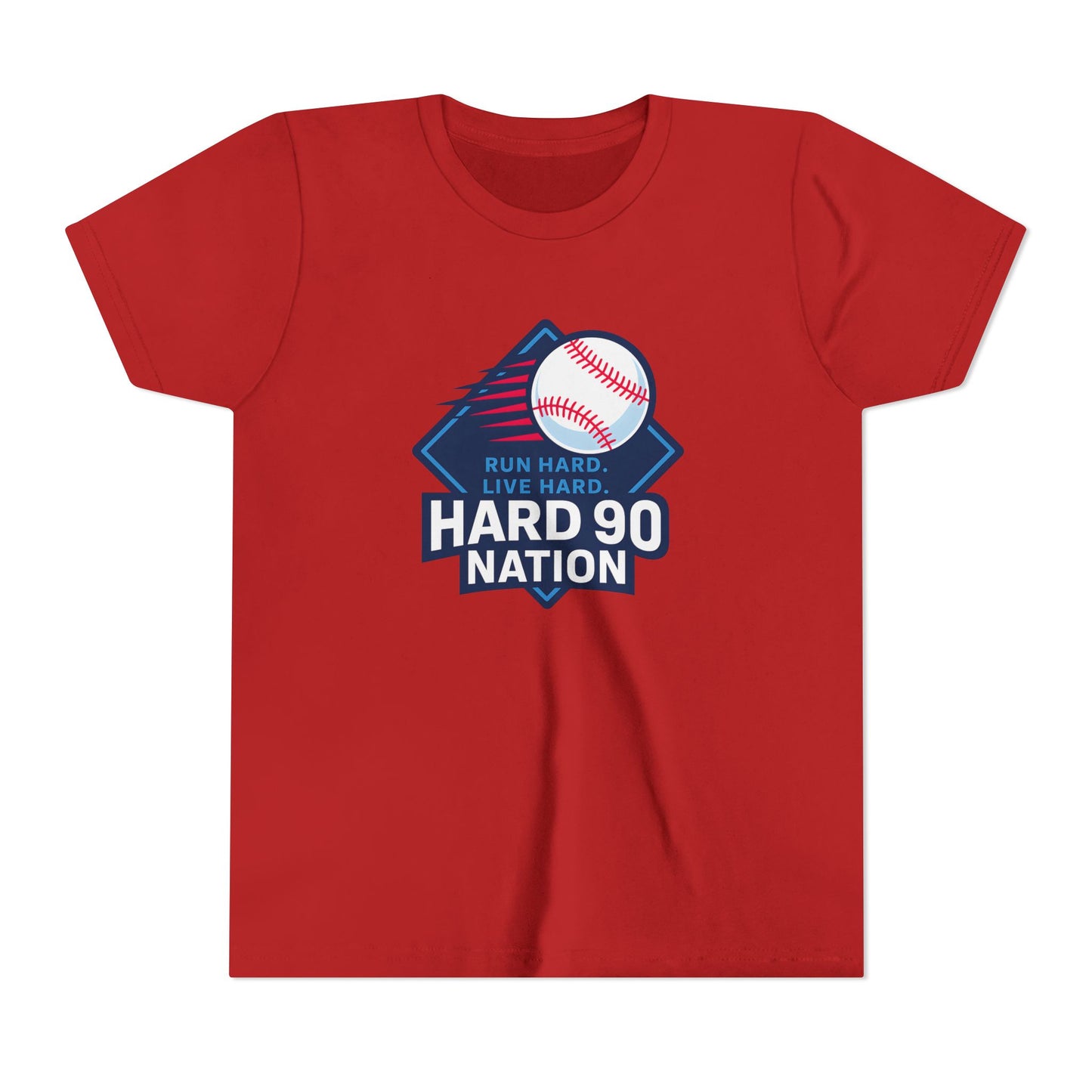 Youth Baseball T-Shirt, “Run Hard. Live Hard.”, Hard 90 Nation Logo Tee for Kids