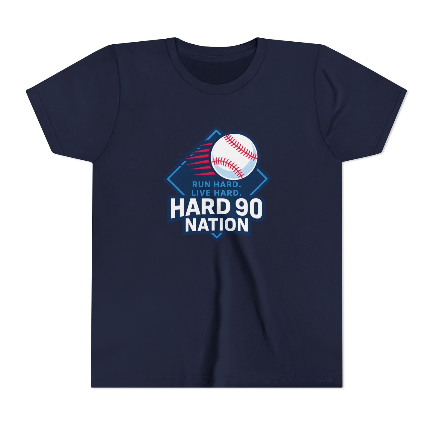 Youth Baseball T-Shirt, “Run Hard. Live Hard.”, Hard 90 Nation Logo Tee for Kids