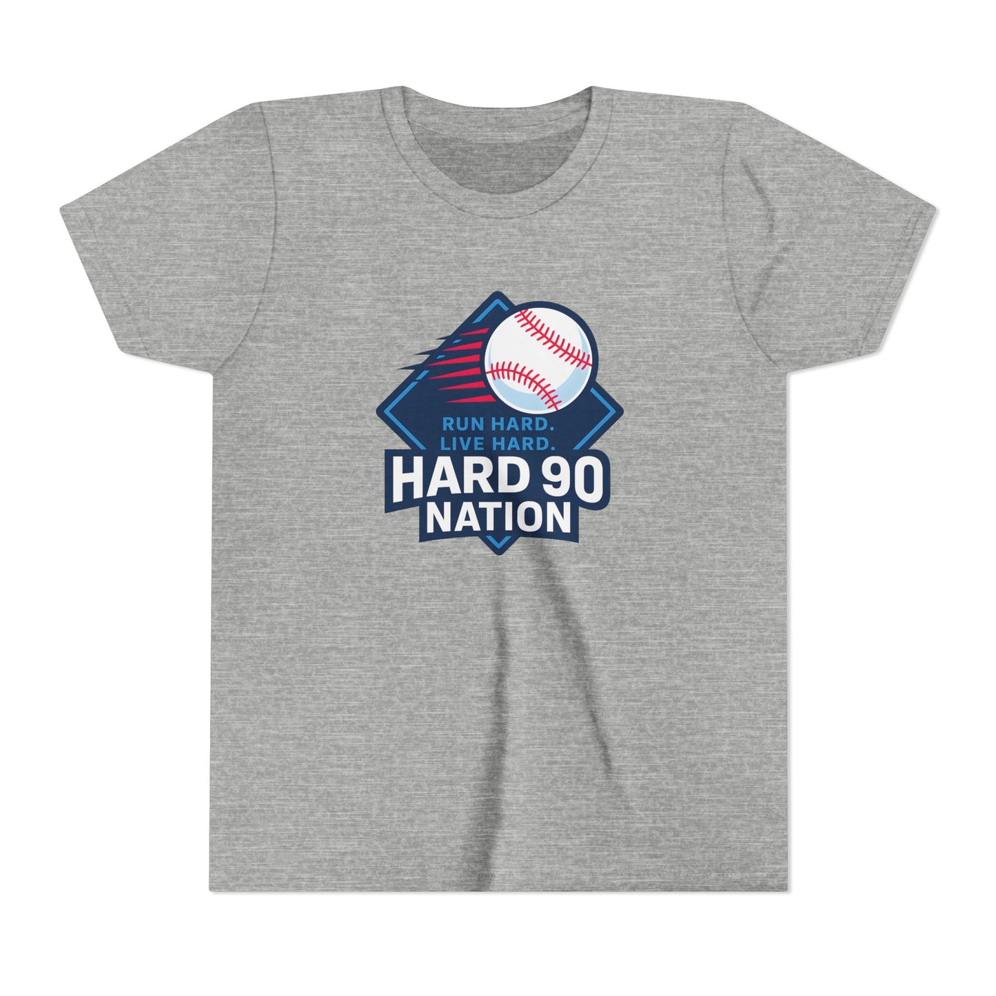 Youth Baseball T-Shirt, “Run Hard. Live Hard.”, Hard 90 Nation Logo Tee for Kids