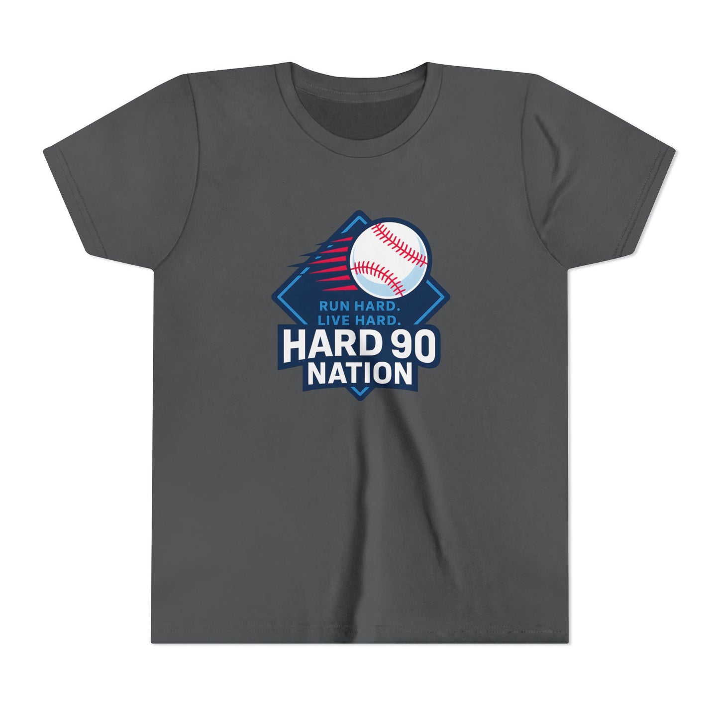 Youth Baseball T-Shirt, “Run Hard. Live Hard.”, Hard 90 Nation Logo Tee for Kids