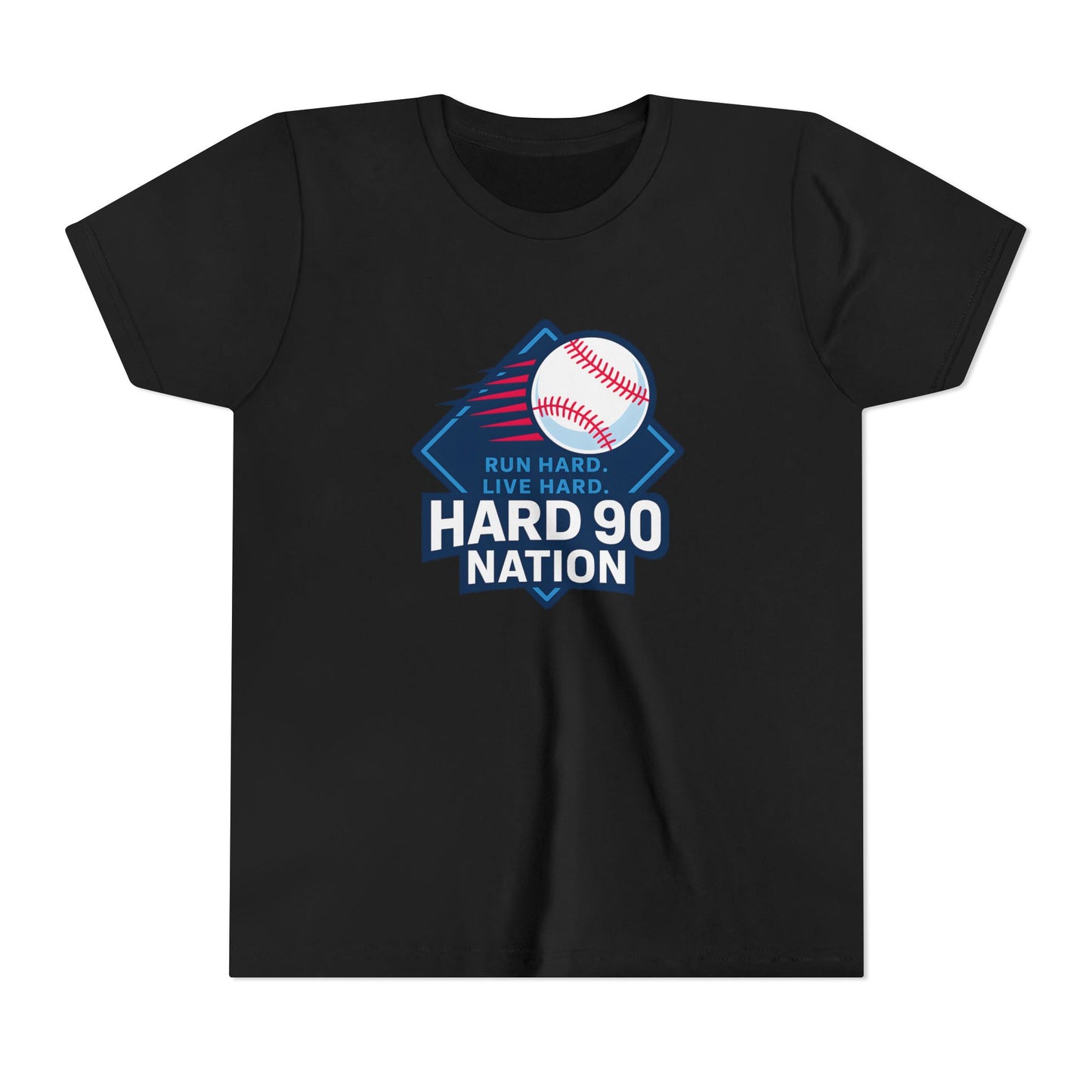 Youth Baseball T-Shirt, “Run Hard. Live Hard.”, Hard 90 Nation Logo Tee for Kids