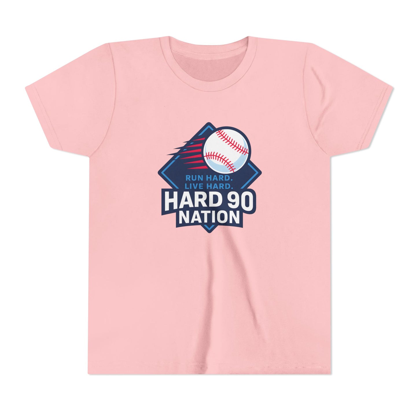 Youth Baseball T-Shirt, “Run Hard. Live Hard.”, Hard 90 Nation Logo Tee for Kids