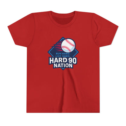 Youth Baseball T-Shirt, “Run Hard. Live Hard.”, Hard 90 Nation Logo Tee for Kids