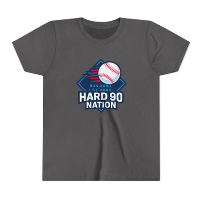 Youth Baseball T-Shirt, “Run Hard. Live Hard.”, Hard 90 Nation Logo Tee for Kids