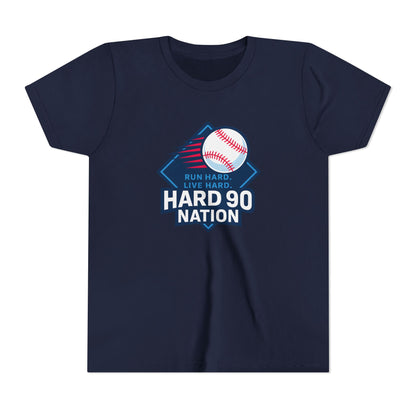 Youth Baseball T-Shirt, “Run Hard. Live Hard.”, Hard 90 Nation Logo Tee for Kids