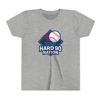 Youth Baseball T-Shirt, “Run Hard. Live Hard.”, Hard 90 Nation Logo Tee for Kids