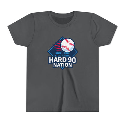 Youth Baseball T-Shirt, “Run Hard. Live Hard.”, Hard 90 Nation Logo Tee for Kids