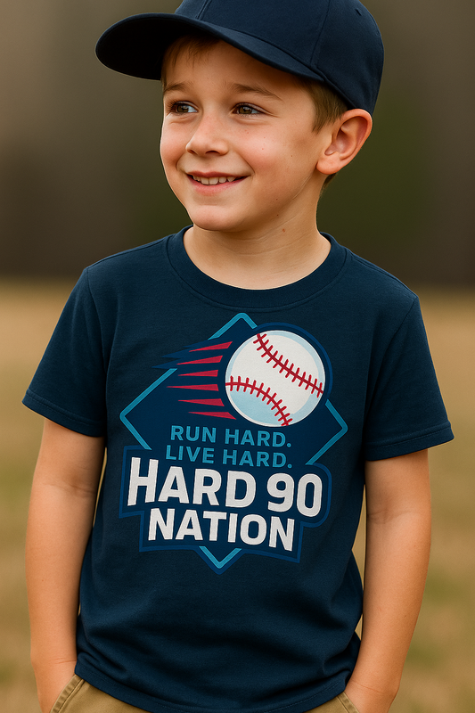 Youth Baseball T-Shirt, “Run Hard. Live Hard.”, Hard 90 Nation Logo Tee for Kids