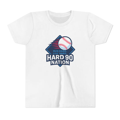 Youth Baseball T-Shirt, “Run Hard. Live Hard.”, Hard 90 Nation Logo Tee for Kids