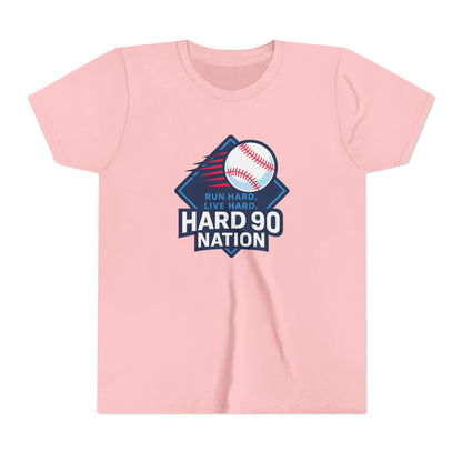 Youth Baseball T-Shirt, “Run Hard. Live Hard.”, Hard 90 Nation Logo Tee for Kids